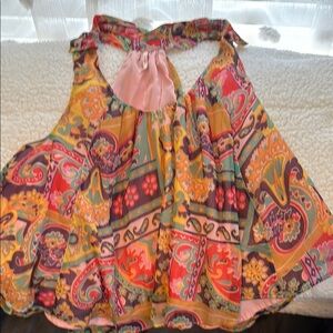 Free People Orange and Red Sleeveless Tank Top with Tie Front